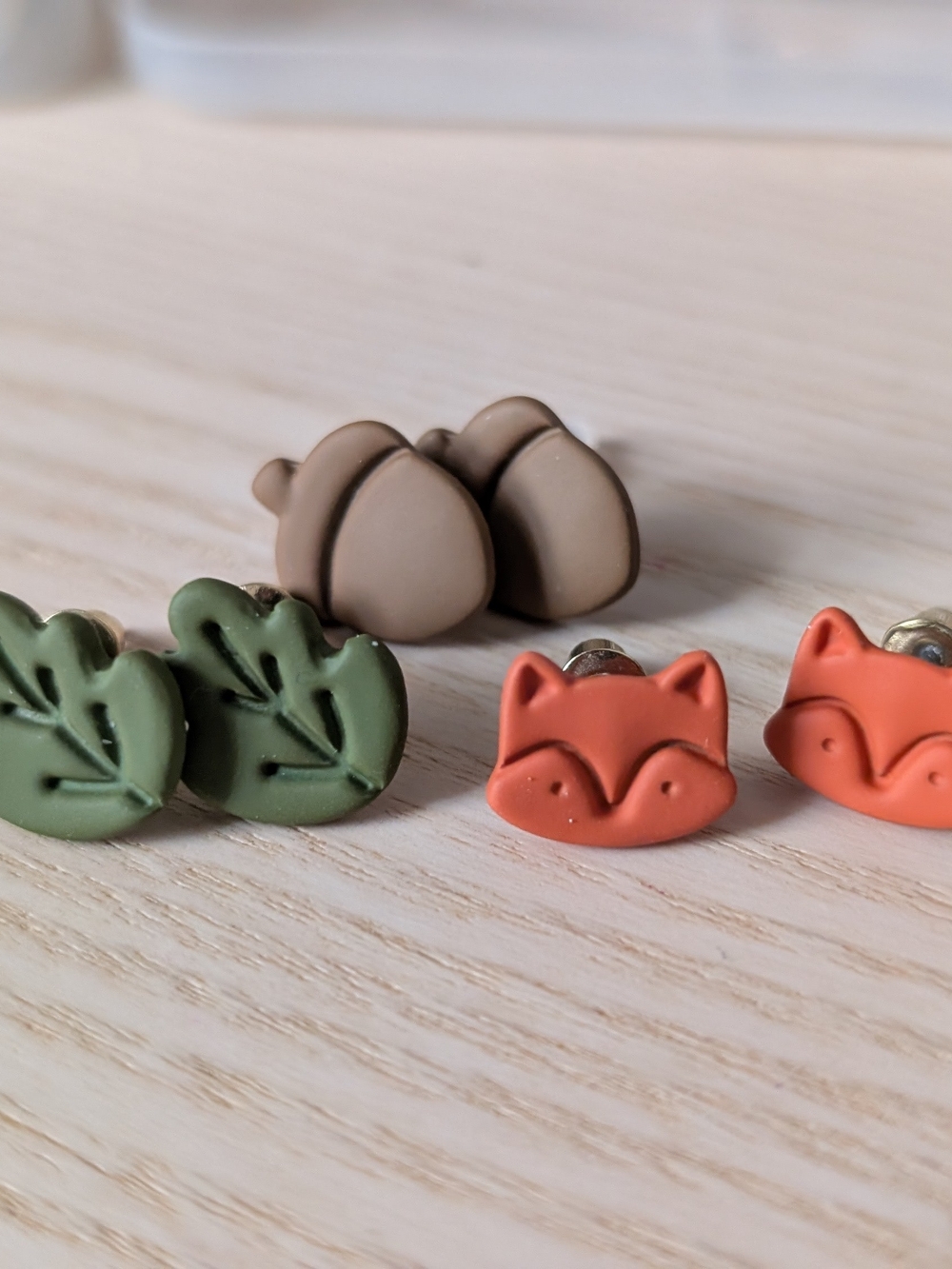 Fox, Leaf and Acorn Stud Earring Set - Brown, Green, Orange